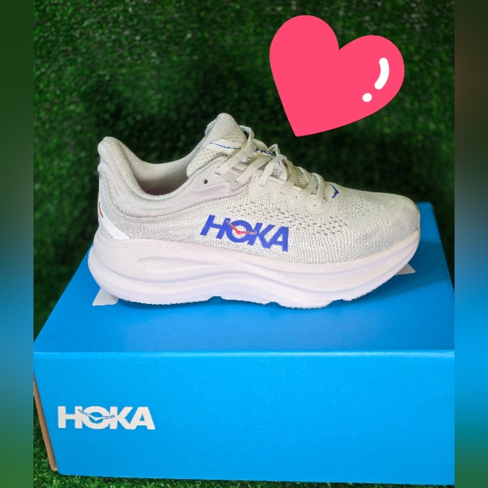 Hoka Women's Running Shoes in Light Beige with Blue Logo.  Brand New